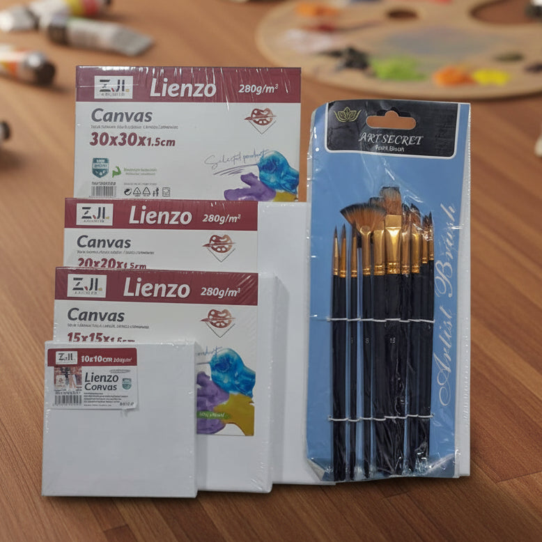 Kit de Lienzos Canvas Cuadrados + Paquete de Pinceles